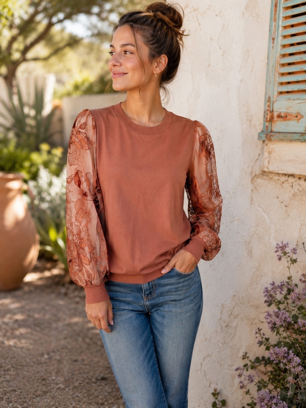 Express Medium Rust Brown Embroidered Sheer Sleeve Sweatshirt Blouse Top